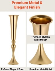 Set Of 2 Wedding Flower Vase 22 inch Tall Trumpet Table Top Gold Centerpieces