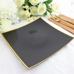 10 Square 10″ Concave Plastic Salad Dinner Plates Gold Rim Party Home