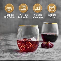 32 Pack 12 OZ Plastic Wine Glasses, Stemless Disposable Wine 12OZ-32-Gold Rim