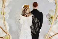 Vintage 1950’s CHALKWARE WEDDING CAKE Topper Arch Brunette Handpainted with Veil