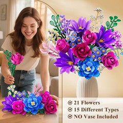 LED Light Flower Bouquet Building Set, 21 PCS Botanical Block Toy, Home Decor Gi