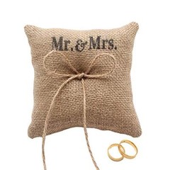 Hessian Burlap Jute Bow Twine Bridal Wedding Ring Pillow 15 x 15cm Mr & Mrs
