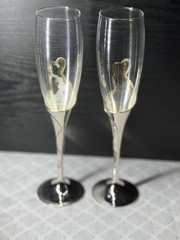 Wedding Champagne Glass Set Of 2 Silver Toasting Flute Glasses Rhinestone Heart