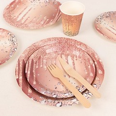 72 ROSE GOLD Disposable Paper TABLEWARE SET Diamond Glitter Pattern Party Events