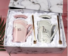 Marbled Ceramic Couple Mugs Set Pink Gray Wedding Gift with Spoons