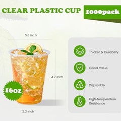 1000 PACK 16 oz Clear Plastic Cups, Cold Disposable Party 16 OZ-1000ct