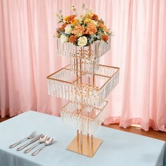 Wedding Centerpiece Vases, 5-Tier Gold Flower Stand with Genuine Hanging Crystal