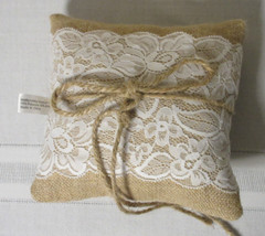 Studio His & Hers Burlap & Lace Floral Wedding Ring Pillow Jute tie