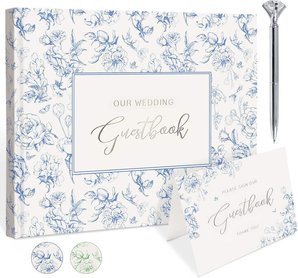 Blue Floral Wedding Guest Book Hardcover with Pen – 9X7 Inch 144 Pages Sign in B