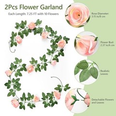 Sherika 2Pcs 14.5FT Artificial Flower Garland with 10 Roses, Fake Silk Pink