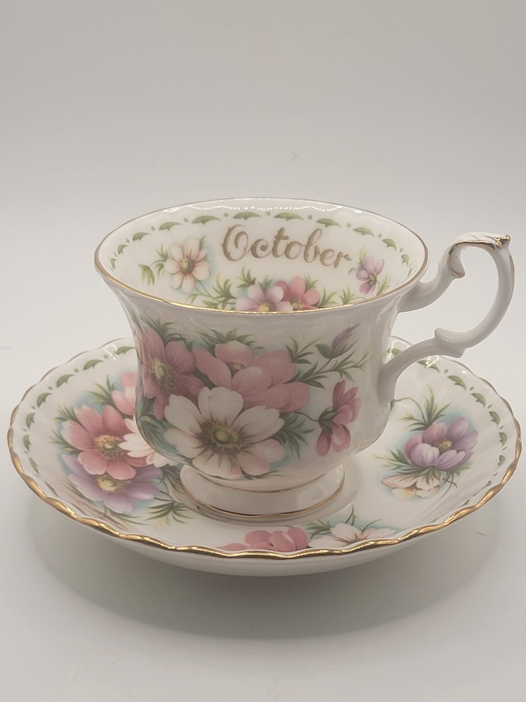 Royal Albert October Cosmos Teacup and Saucer: 1970 England Bone China-Mint