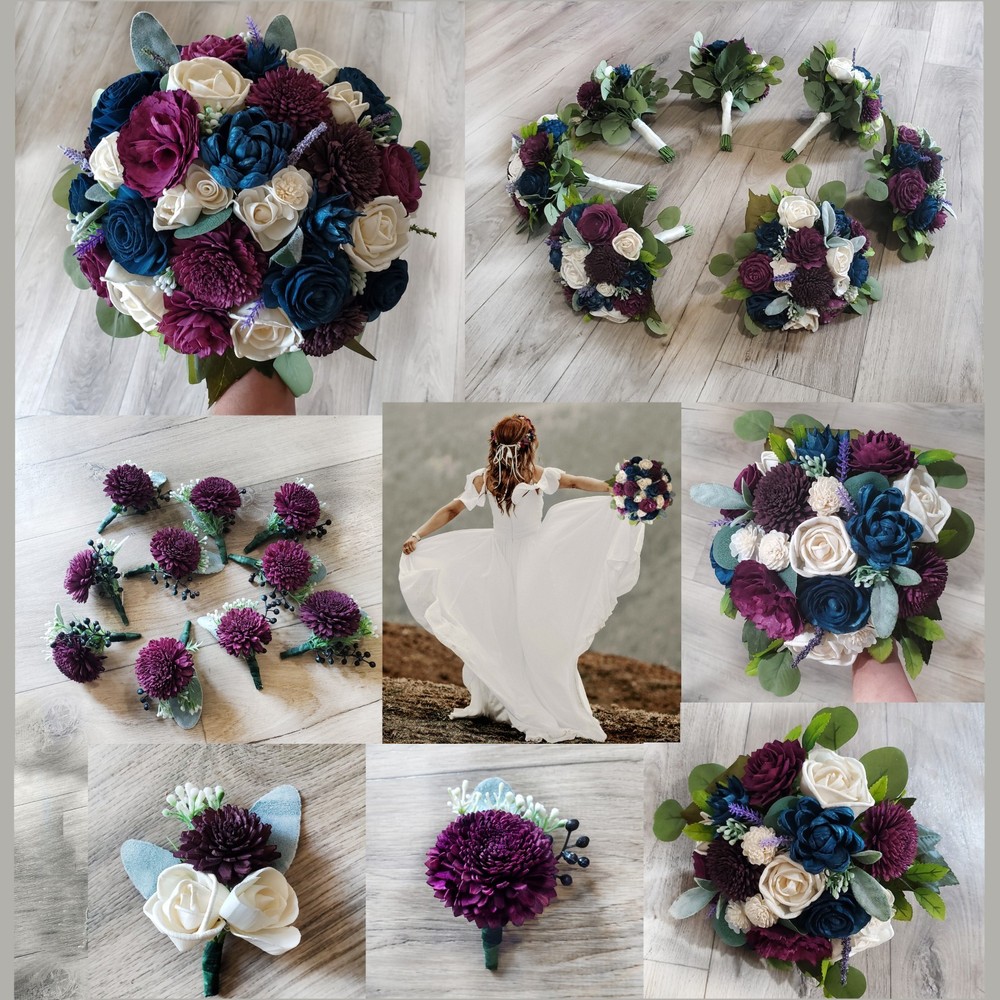 Plum Navy Blue Bridal Bouquet Sola Wood Flower Fig Purple Bridesmaid Wedding
