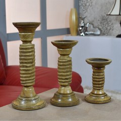 Handmade Wood Traditional Medium Polish Set Of Three Pillar Candle Holder BBH