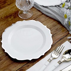 20 WHITE 8″ Round Plastic Dinner Plates SILVER Scalloped Rim Events Wedding