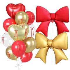 16Pcs Red and Gold Heart Balloons – 38″ Bow Balloons – Champagne Red Gold