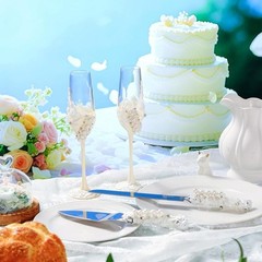 Champagne Flutes Cake Knife Server Set Wedding Gift Pearl Design Toasting New
