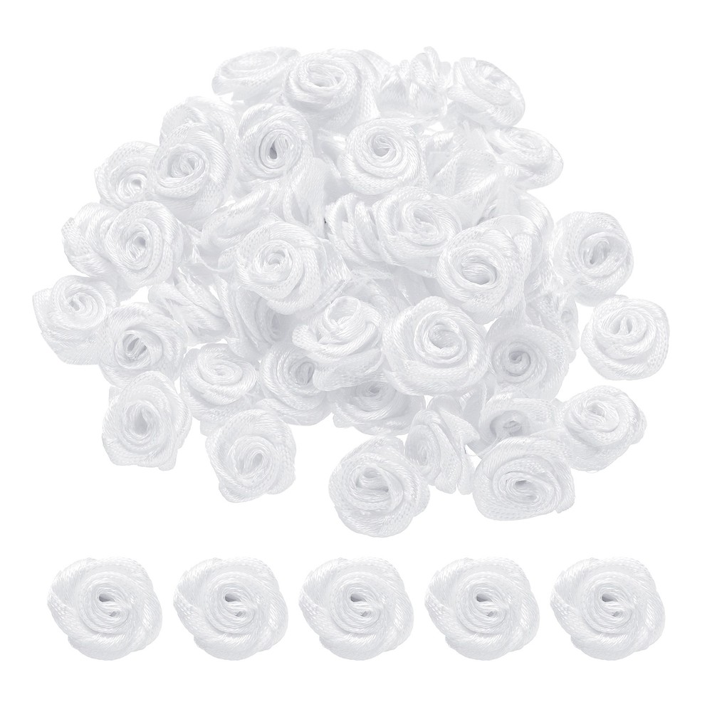 100pcs 1.5cm Mini Ribbon Roses for Crafts Artificial Fabric Flowers White