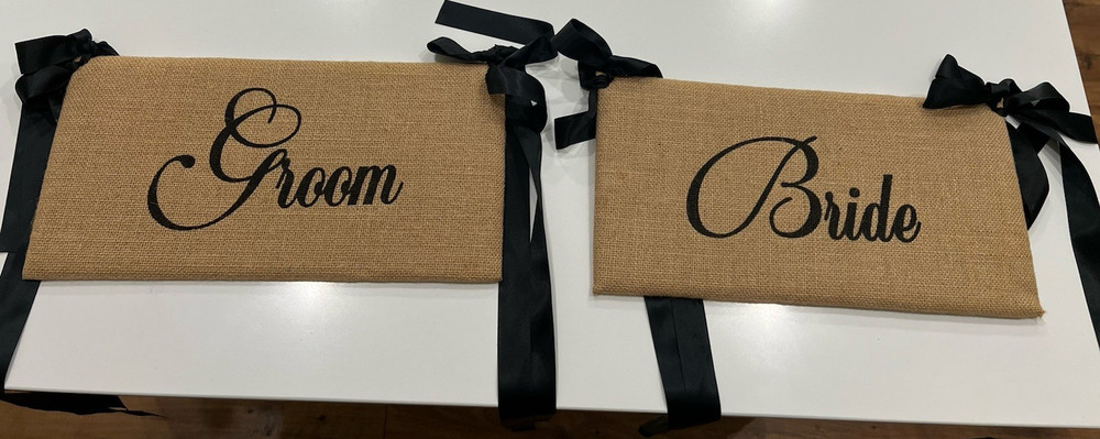 Burlap Bride Groom Wedding Chair Signs Beige Black Set of 2 Hanging Decorations