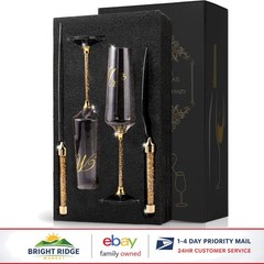 Beautiful Champagne Flutes Set with Rhinestone Knives for Wedding Celebrations
