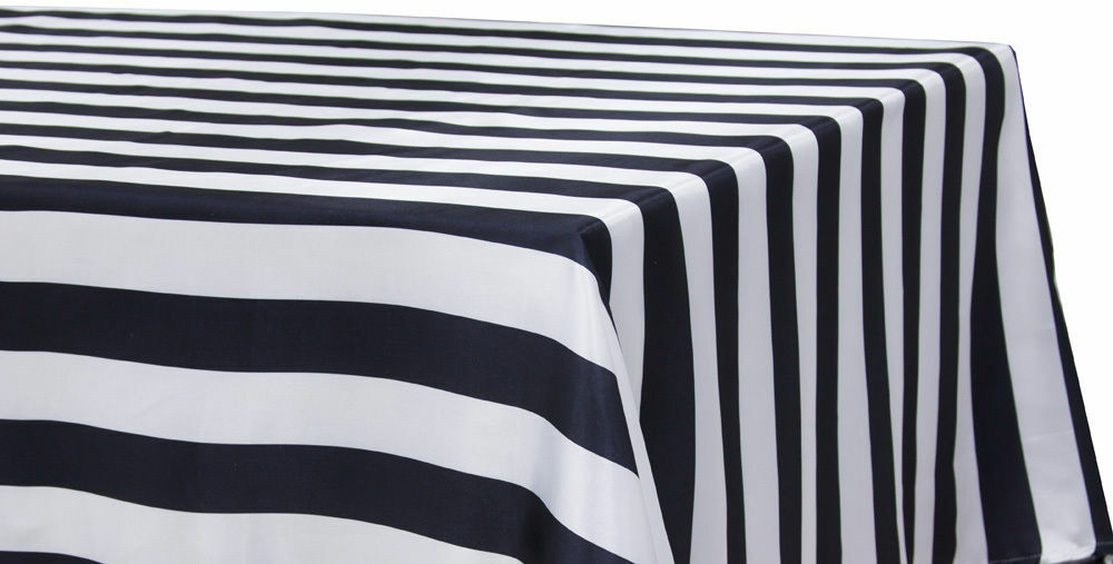 5 BLACK & WHITE STRIPED SATIN TABLECLOTHS 60″x126″ CHARMEUSE PRINT SILK SALE