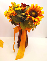 Set of 3 Bridesmaids Bouquets Fall Yellows Sunflower Foliage Faux Flower Bouquet