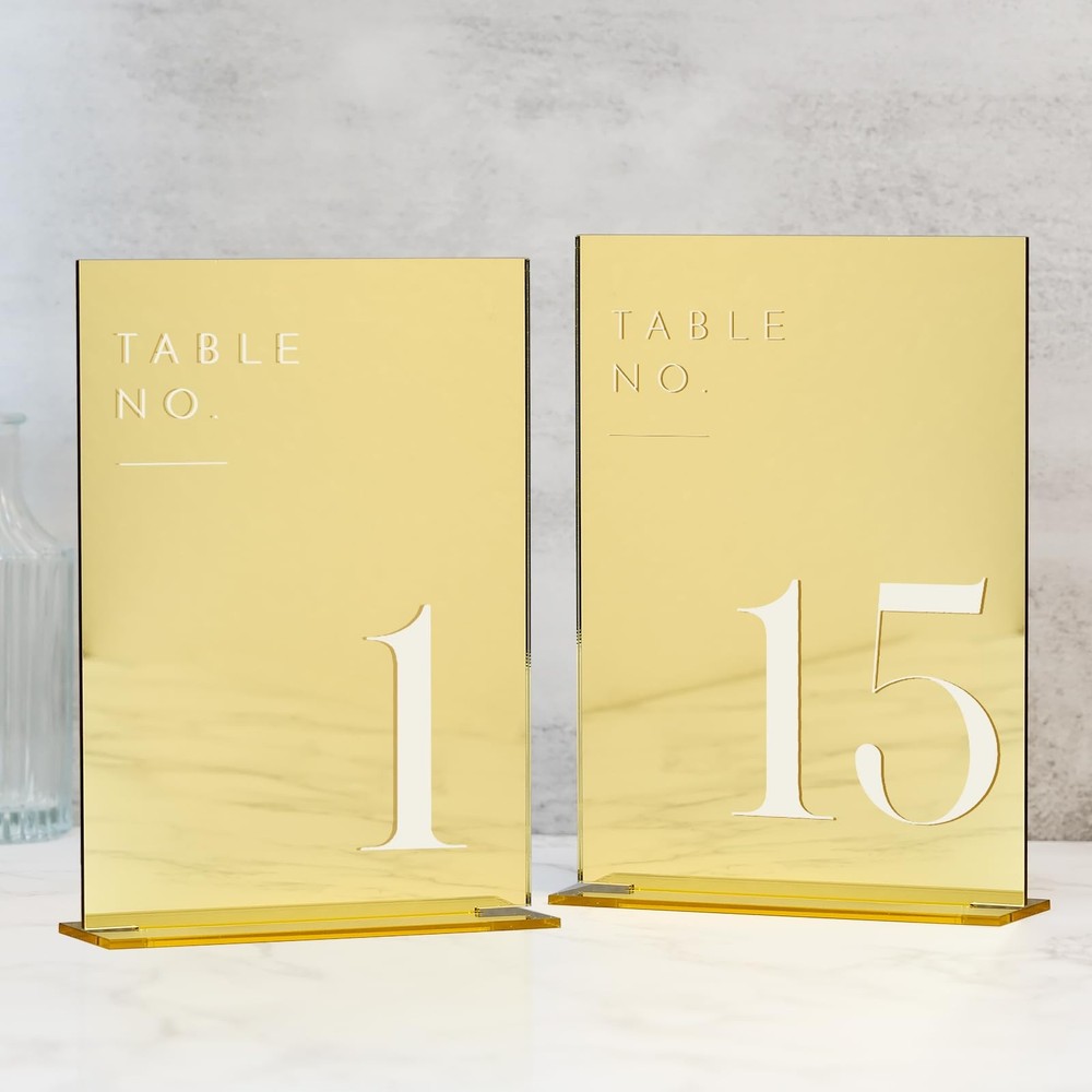 Gold Mirror Acrylic Wedding Table Numbers 115 With Stands 5×7 Inch Set