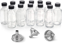 12 Pack, 2 Oz Small Clear Glass Bottles W/Lid & 3 Funnels – 60Ml Boston Shot Bot