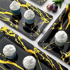 10 pcs 16″ Black Gold long Rectangle Paper Serving Trays Marble Design Tableware