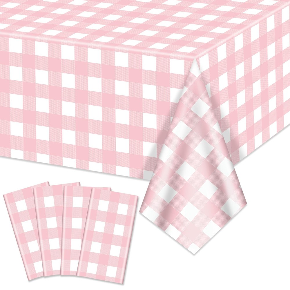 4 Pack Pink Gingham Tablecloths, Pink and White Checkered Tablecloths 86.6 x …