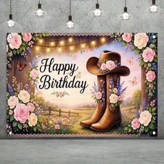Western Cowgirl Birthday Backdrop Banner Country Boot Hat Floral Glitter Brow…