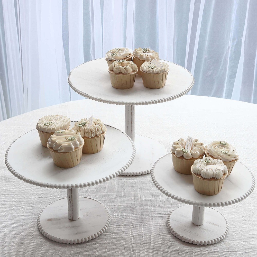 3 WHITEWASH Wooden Pedestal CAKE STANDS Round Beaded Rim Trays Party Decorations