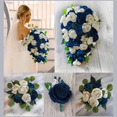 Navy & Ivory Bridal Bouquet Blue Sola Wood Cascade Wedding Bridesmaid Flowers
