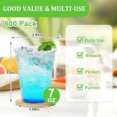 600 Pack 7 oz Clear Plastic Cups, Disposable Cold Water Cups, Ideal 7OZ-600Pack