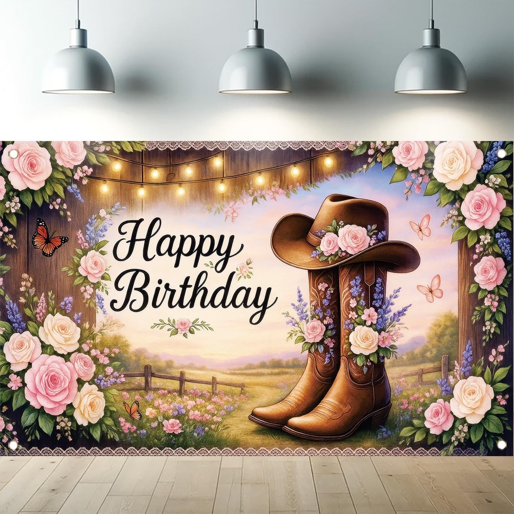 Western Cowgirl Birthday Backdrop Banner Country Boot Hat Floral Glitter Brow…