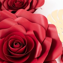 9 RED 3D Rose Paper Flowers with Gold Monstera Leaves Wedding Decorations