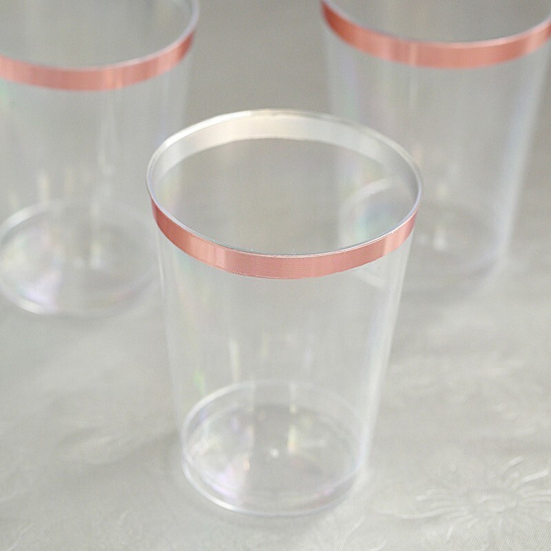 9 oz Clear with Rose Gold Rim Plastic Disposable Cups Party Tableware Wedding