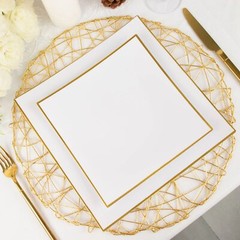 10 WHITE 10″ Square Concave Plastic Salad Dinner PLATES Gold Rim Party Events