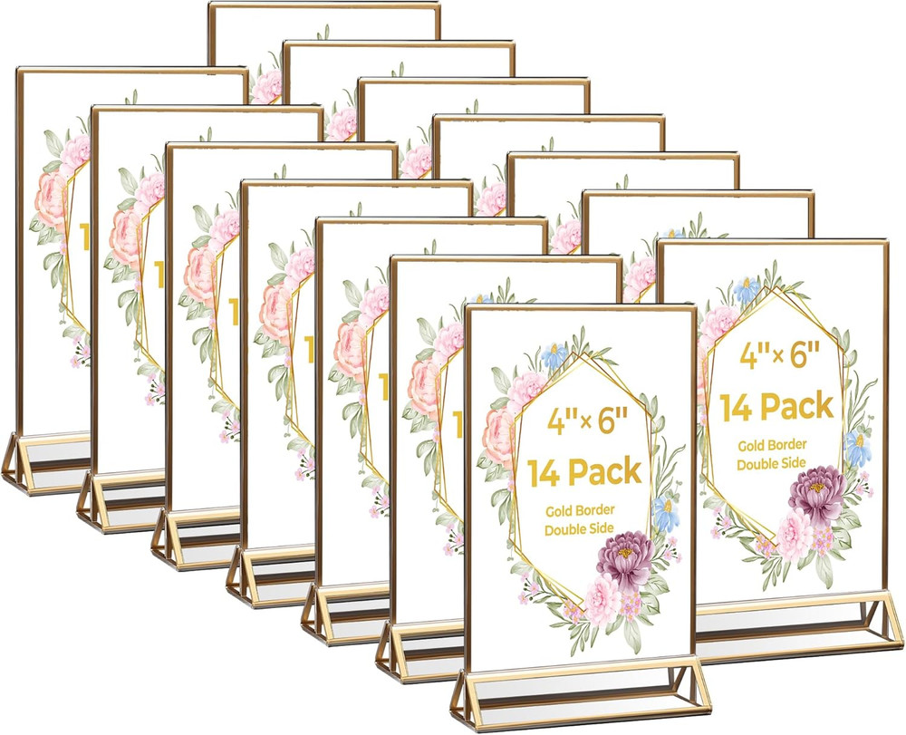 14 Pack Acrylic Sign Holder 4X6 Gold Frames, Wedding Table Number Holders Double