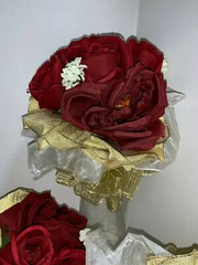 LOT OF 8 SILK Red Rose Wedding Bouquets with Gold Wired Ribbon & Gold & Shiny