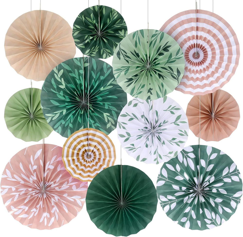 12 Pcs Sage Green Hanging Paper Fans Boho Hanging Ceiling Decoration Vintage Flo