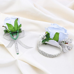2Pcs Light Blue Rose Corsage and Men Boutonniere Set Women Wristlet Band Wrist B