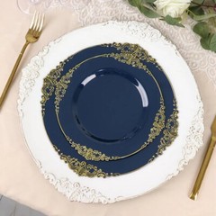 10 NAVY BLUE GOLD 10″ Round Plastic Salad Dinner PLATES Embossed Baroque Rim