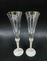 SET OF 2 SILVER RIM,SPARKLING CRYSTALS STEM,BASE CHAMPAGNE,FLUTE GLASS,HAND MADE