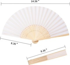 50pc White Fabric Bamboo Hand Fans w/ Organza Bags