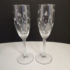 Vtg Lillian Rose Crystal Twisted Stem Glasses Champagne Floral 6oz Hand Blown