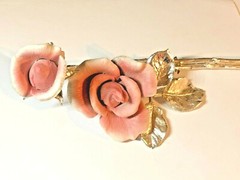 Metal Pink Rose and Bud with trimmed silver lacquered Long Stem