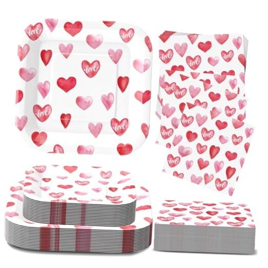 Valentines Day Plates and Napkins Sets, Square Valentine Plates 9″ Heart