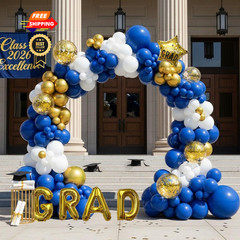 Graduation Balloon Arch Kit for Class 128 Count (Pack of 1), Blue White Gold