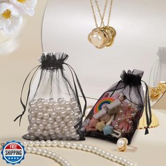 FUNFERY 100 Pcs Black Organza Bags 6.5×9 in, Small Mesh Drawstring Gift Bags