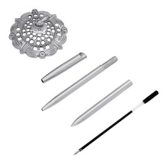 Silver 2 Pcs Hollow Round Pen Holder Set for Signing & Ballpoint Pens